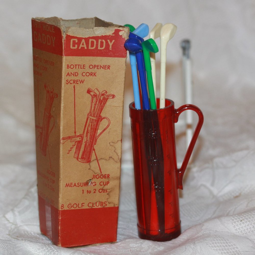 1960'S BAR LIQUOR 19TH HOLE GOLF CLUB SWIZZLE STICKS BOTTLE OPENER CADDY ORG BOX